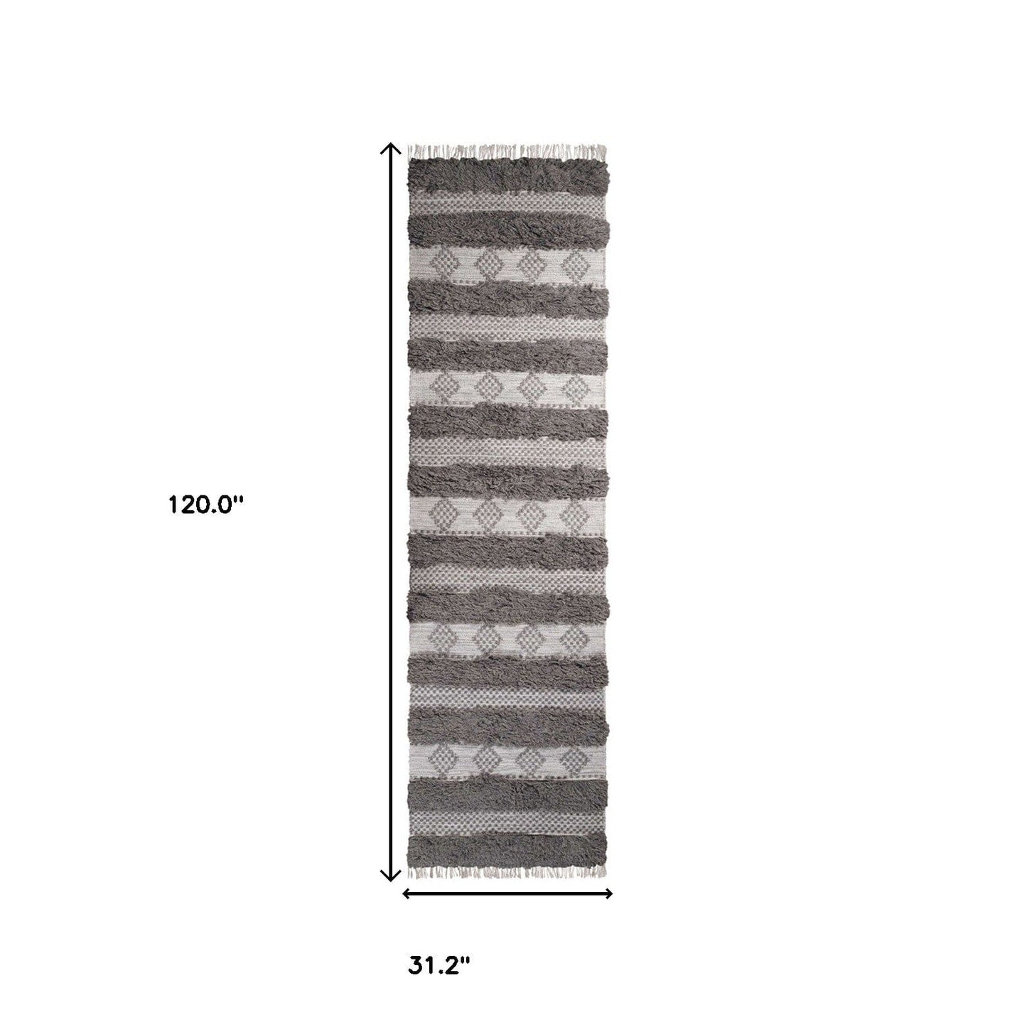 10' Grey And Silver Wool Striped Flatweave Handmade Stain Resistant Runner Rug With Fringe