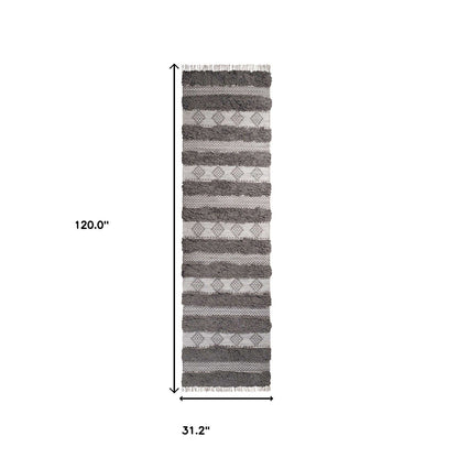 10' Grey And Silver Wool Striped Flatweave Handmade Stain Resistant Runner Rug With Fringe