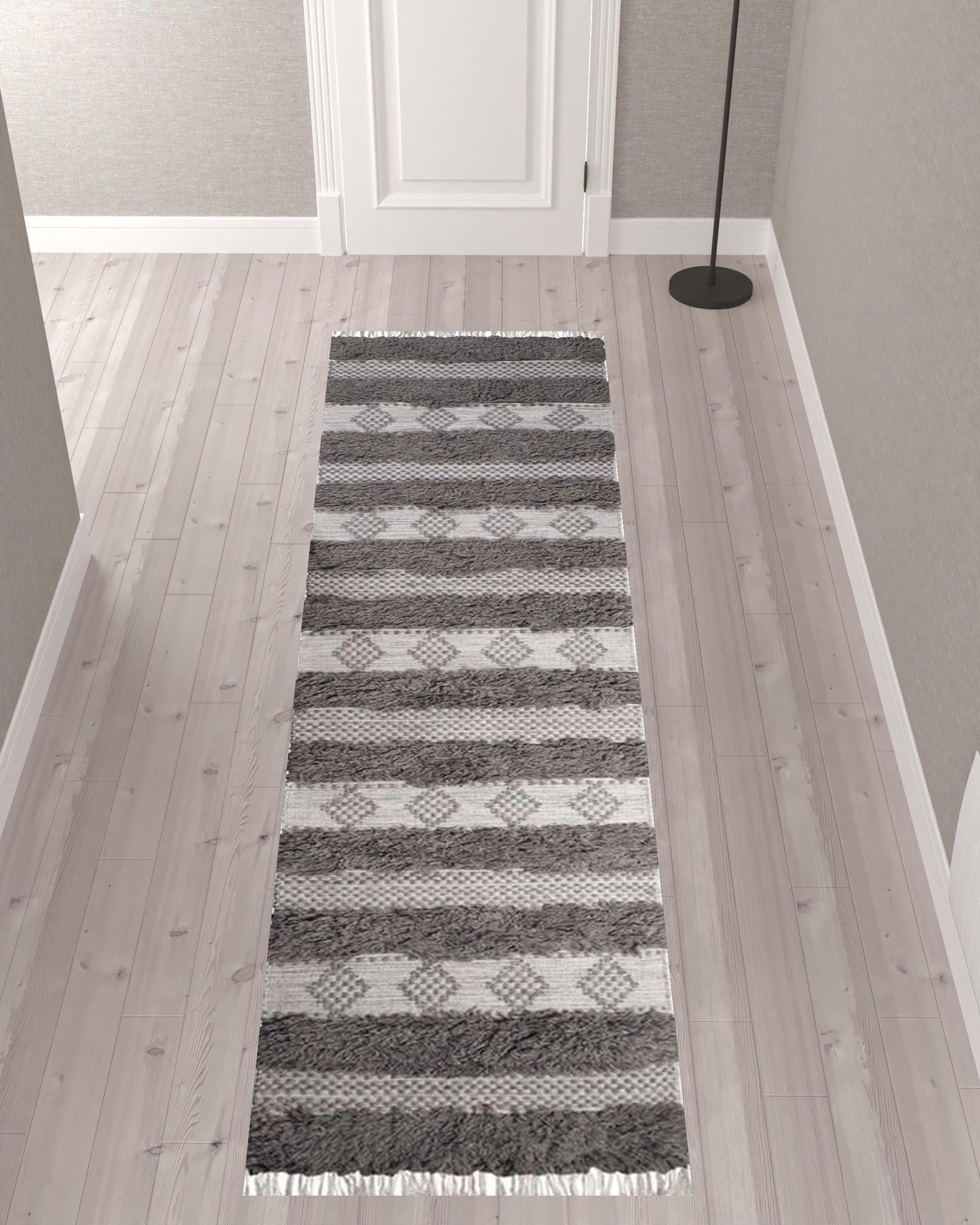 10' Grey And Silver Wool Striped Flatweave Handmade Stain Resistant Runner Rug With Fringe