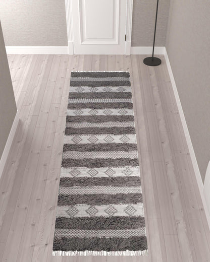 10' Grey And Silver Wool Striped Flatweave Handmade Stain Resistant Runner Rug With Fringe