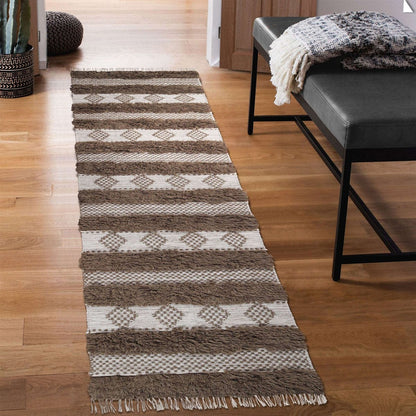 10' Olive And Ivory Wool Striped Flatweave Handmade Stain Resistant Runner Rug With Fringe