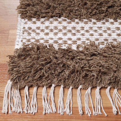 10' Olive And Ivory Wool Striped Flatweave Handmade Stain Resistant Runner Rug With Fringe