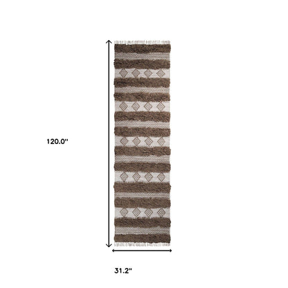 10' Olive And Ivory Wool Striped Flatweave Handmade Stain Resistant Runner Rug With Fringe