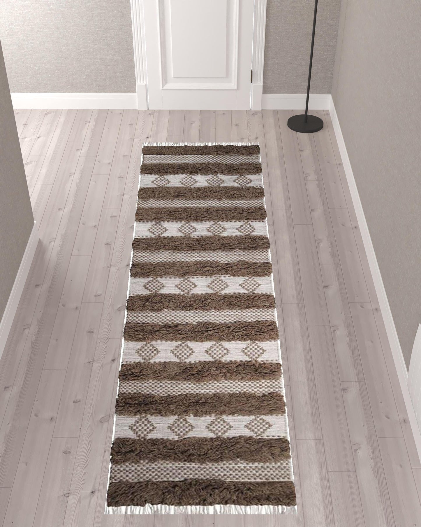 10' Olive And Ivory Wool Striped Flatweave Handmade Stain Resistant Runner Rug With Fringe