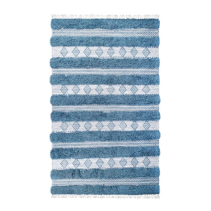 4' X 6' Blue And Ivory Wool Striped Flatweave Handmade Stain Resistant Area Rug With Fringe