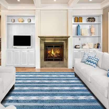 4' X 6' Blue And Ivory Wool Striped Flatweave Handmade Stain Resistant Area Rug With Fringe