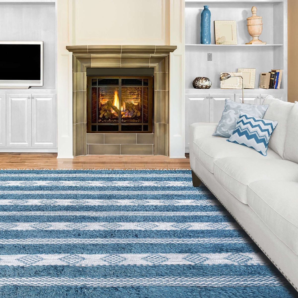 4' X 6' Blue And Ivory Wool Striped Flatweave Handmade Stain Resistant Area Rug With Fringe