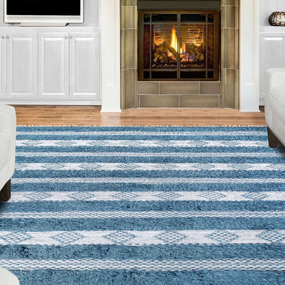 4' X 6' Blue And Ivory Wool Striped Flatweave Handmade Stain Resistant Area Rug With Fringe