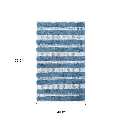 4' X 6' Blue And Ivory Wool Striped Flatweave Handmade Stain Resistant Area Rug With Fringe