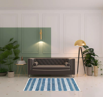 4' X 6' Blue And Ivory Wool Striped Flatweave Handmade Stain Resistant Area Rug With Fringe