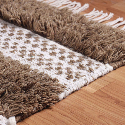 4' X 6' Olive And Ivory Wool Striped Flatweave Handmade Stain Resistant Area Rug With Fringe