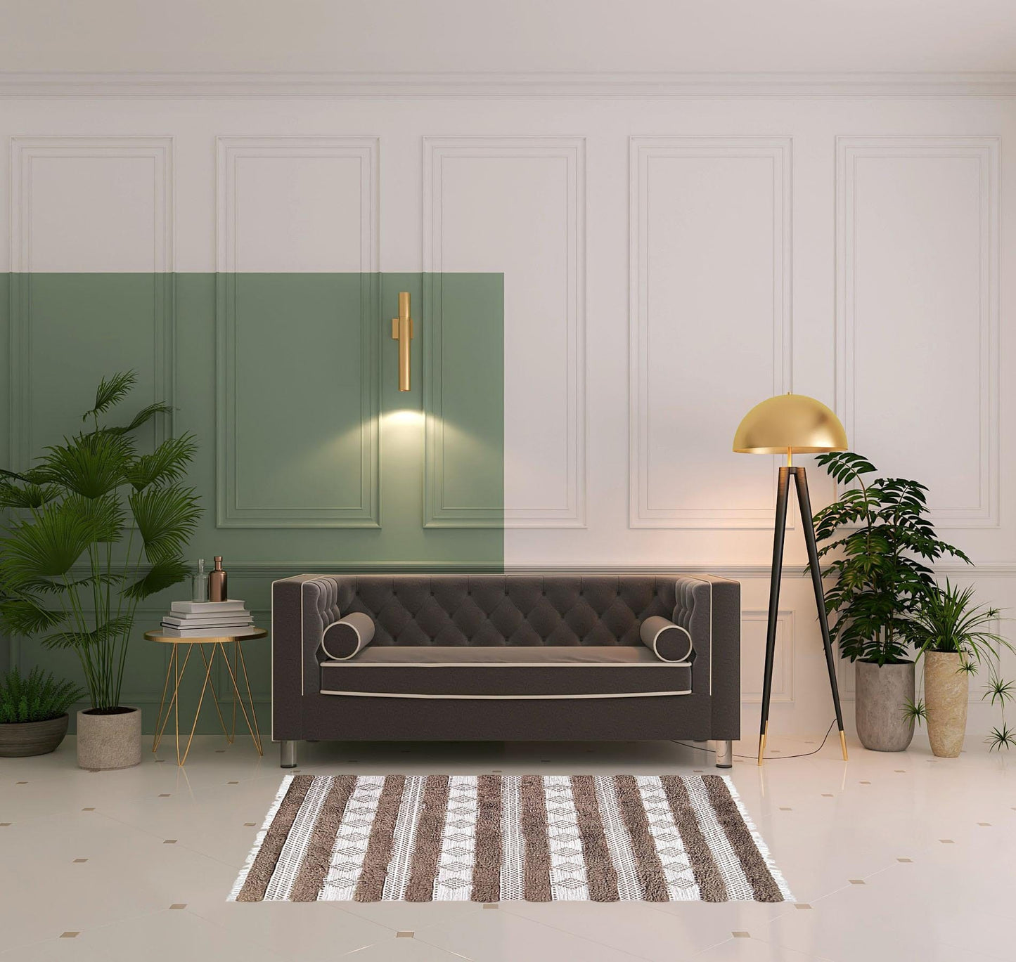 4' X 6' Olive And Ivory Wool Striped Flatweave Handmade Stain Resistant Area Rug With Fringe