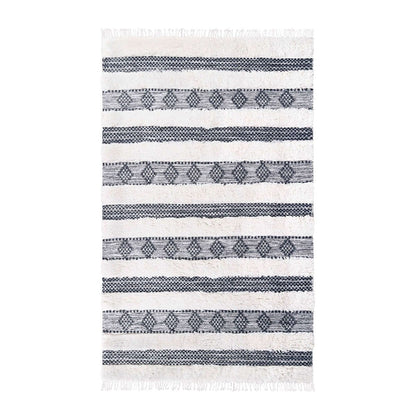 5' X 8' Black And Ivory Wool Striped Flatweave Handmade Stain Resistant Area Rug With Fringe