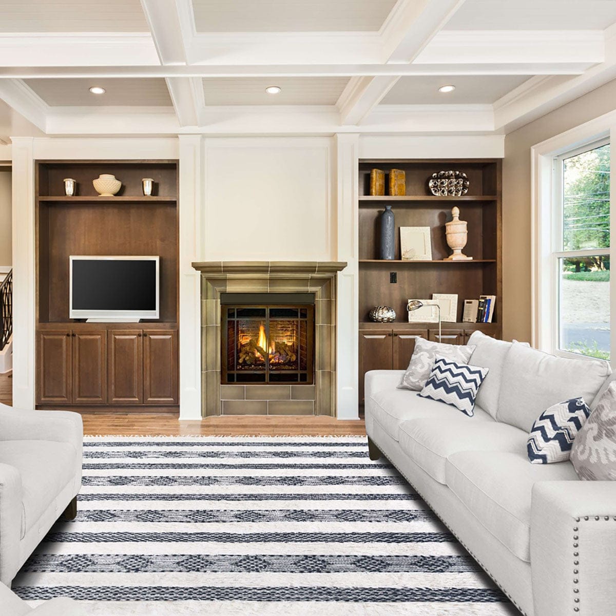 5' X 8' Black And Ivory Wool Striped Flatweave Handmade Stain Resistant Area Rug With Fringe