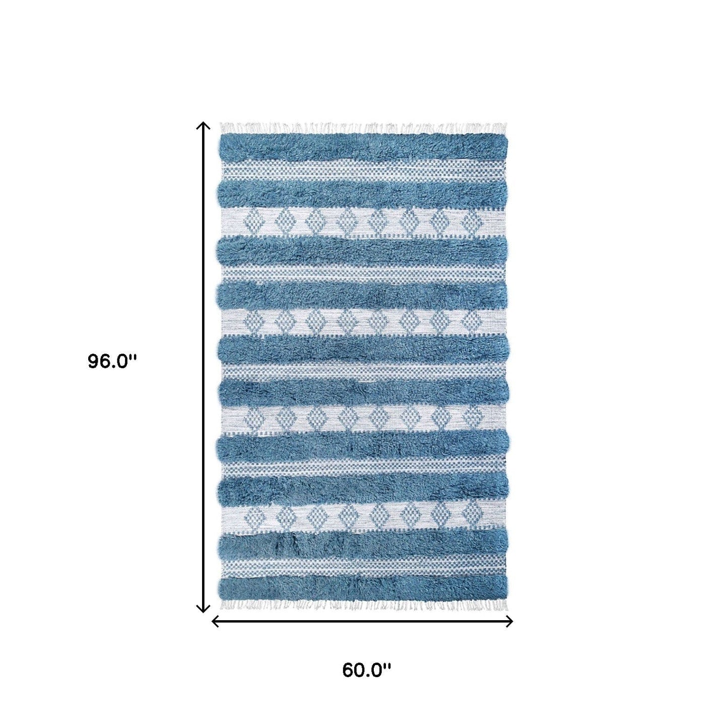 5' X 8' Blue And Ivory Wool Striped Flatweave Handmade Stain Resistant Area Rug With Fringe