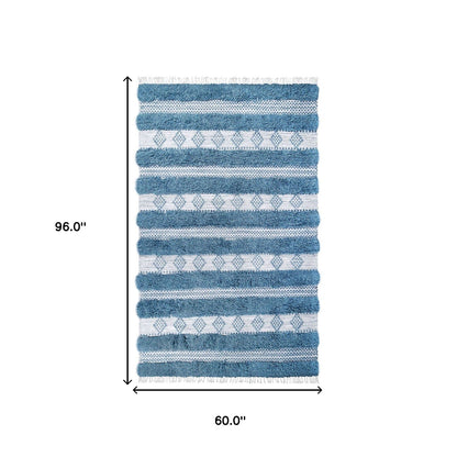 5' X 8' Blue And Ivory Wool Striped Flatweave Handmade Stain Resistant Area Rug With Fringe