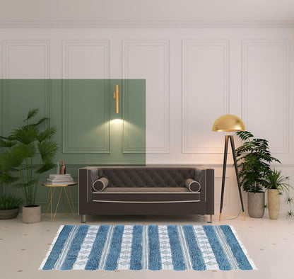 5' X 8' Blue And Ivory Wool Striped Flatweave Handmade Stain Resistant Area Rug With Fringe