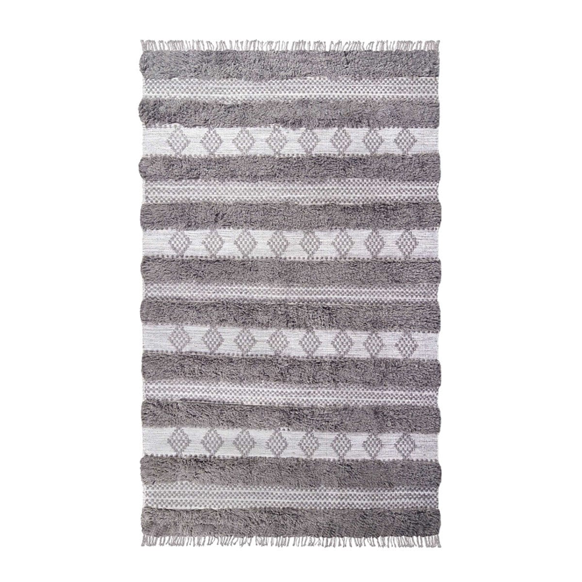 5' X 8' Grey And Silver Wool Striped Flatweave Handmade Stain Resistant Area Rug With Fringe