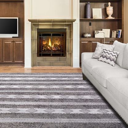 5' X 8' Grey And Silver Wool Striped Flatweave Handmade Stain Resistant Area Rug With Fringe