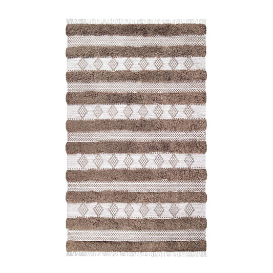 5' X 8' Olive And Ivory Wool Striped Flatweave Handmade Stain Resistant Area Rug With Fringe