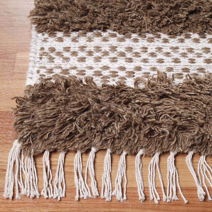 5' X 8' Olive And Ivory Wool Striped Flatweave Handmade Stain Resistant Area Rug With Fringe