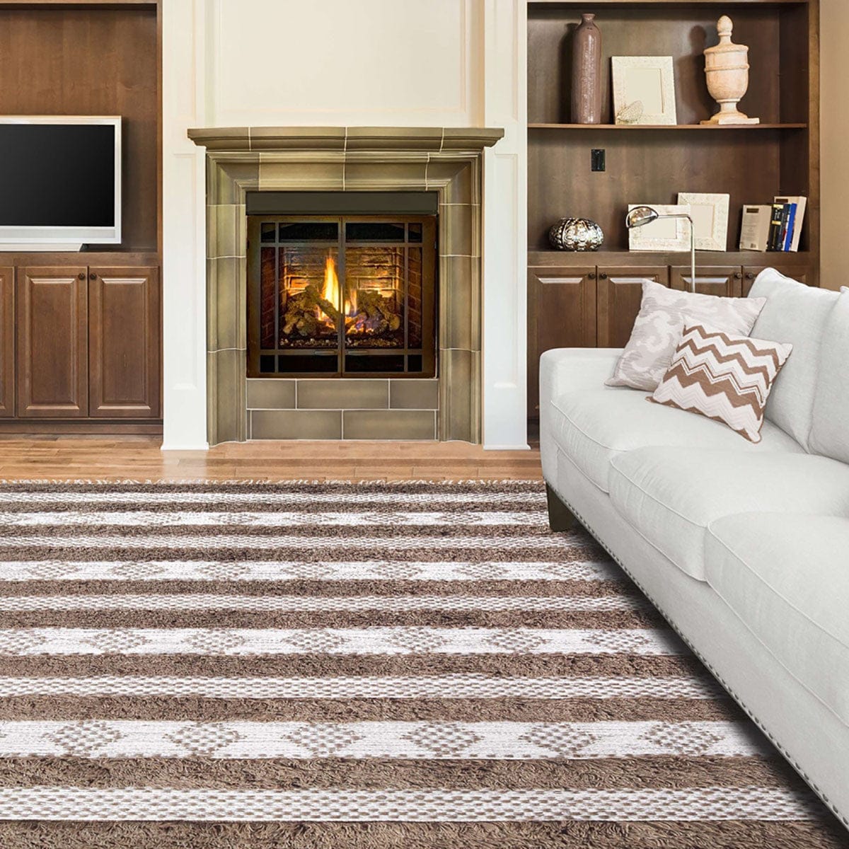 5' X 8' Olive And Ivory Wool Striped Flatweave Handmade Stain Resistant Area Rug With Fringe