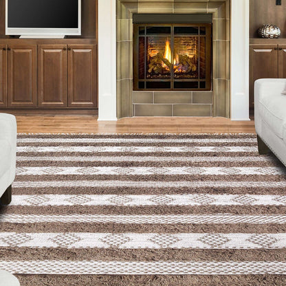 5' X 8' Olive And Ivory Wool Striped Flatweave Handmade Stain Resistant Area Rug With Fringe