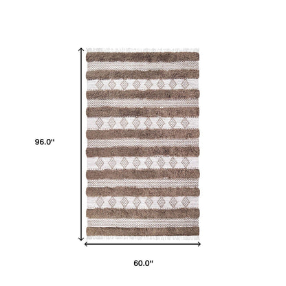 5' X 8' Olive And Ivory Wool Striped Flatweave Handmade Stain Resistant Area Rug With Fringe