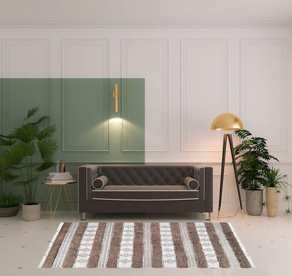 5' X 8' Olive And Ivory Wool Striped Flatweave Handmade Stain Resistant Area Rug With Fringe