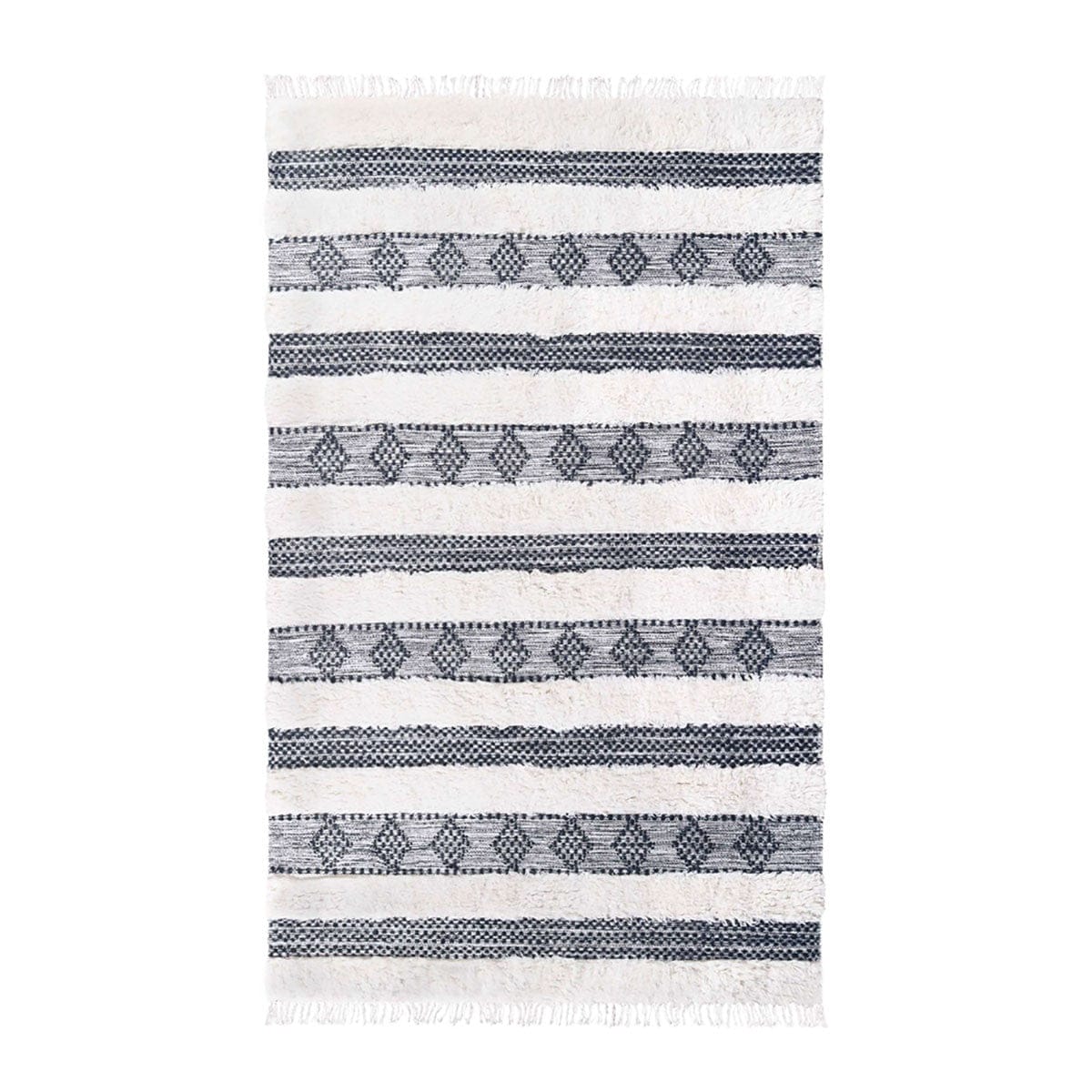 8' X 10' Black And Ivory Wool Striped Flatweave Handmade Stain Resistant Area Rug With Fringe