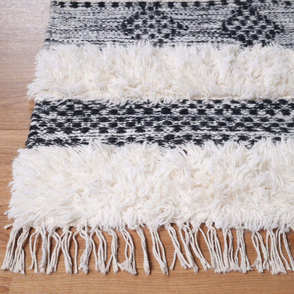 8' X 10' Black And Ivory Wool Striped Flatweave Handmade Stain Resistant Area Rug With Fringe