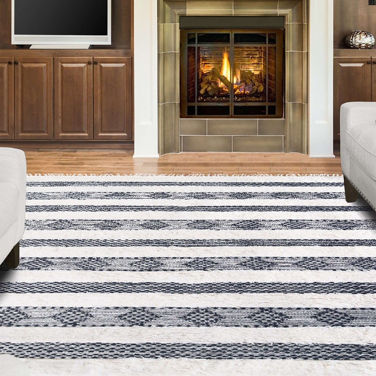8' X 10' Black And Ivory Wool Striped Flatweave Handmade Stain Resistant Area Rug With Fringe