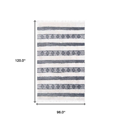 8' X 10' Black And Ivory Wool Striped Flatweave Handmade Stain Resistant Area Rug With Fringe