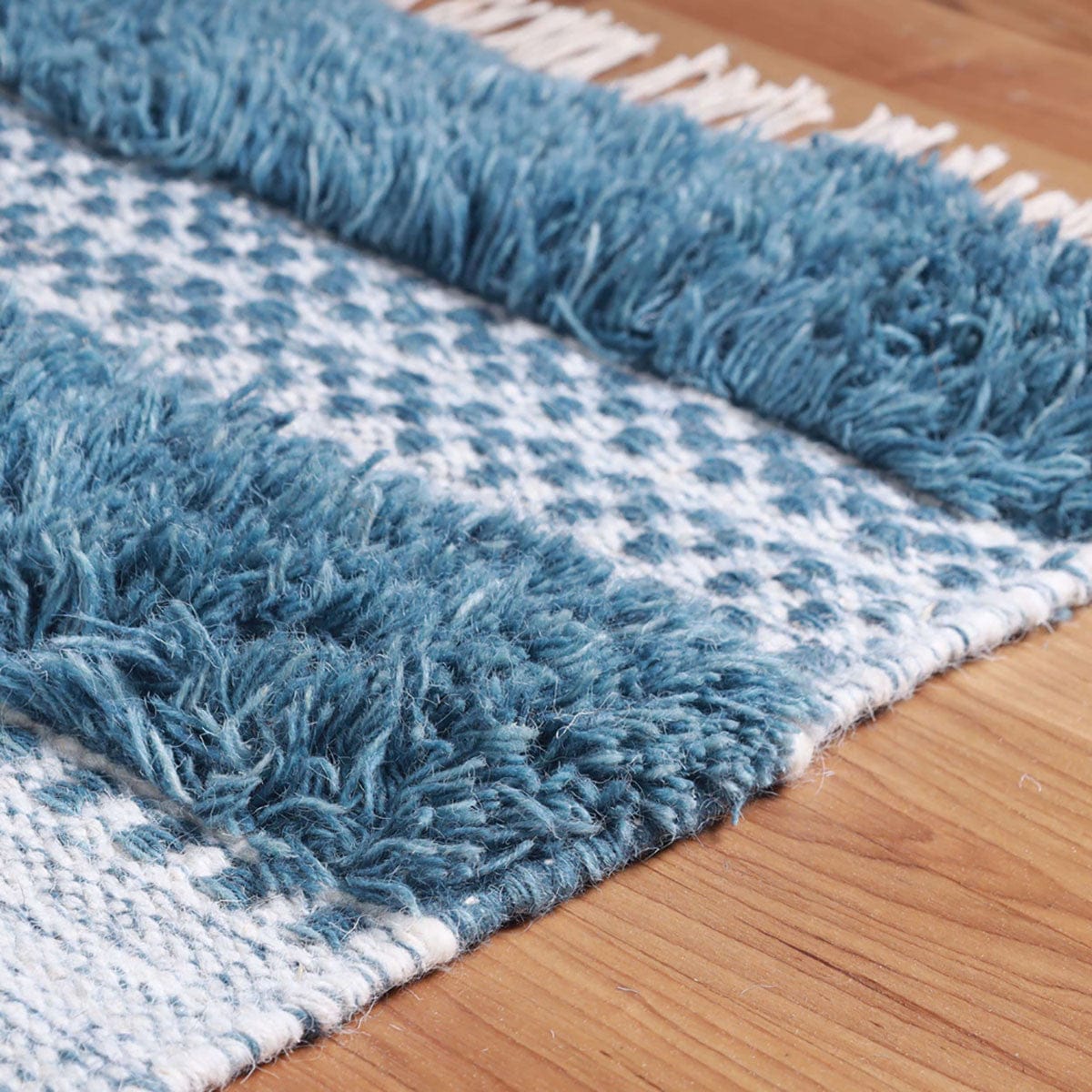 8' X 10' Blue And Ivory Wool Striped Flatweave Handmade Stain Resistant Area Rug With Fringe
