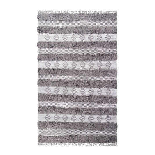 8' X 10' Grey And Silver Wool Striped Flatweave Handmade Stain Resistant Area Rug With Fringe