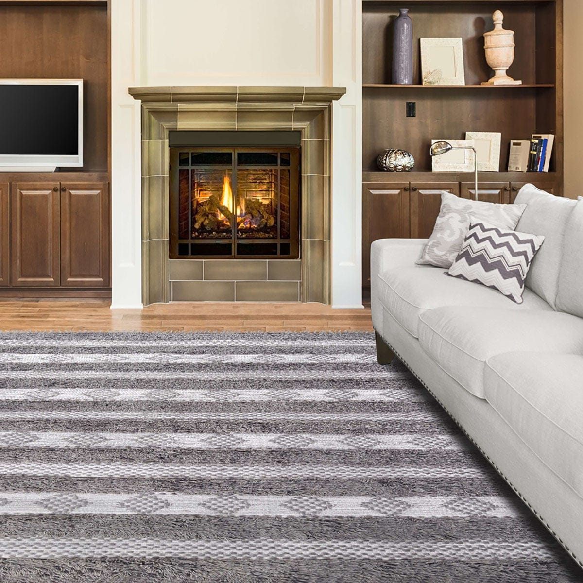 8' X 10' Grey And Silver Wool Striped Flatweave Handmade Stain Resistant Area Rug With Fringe