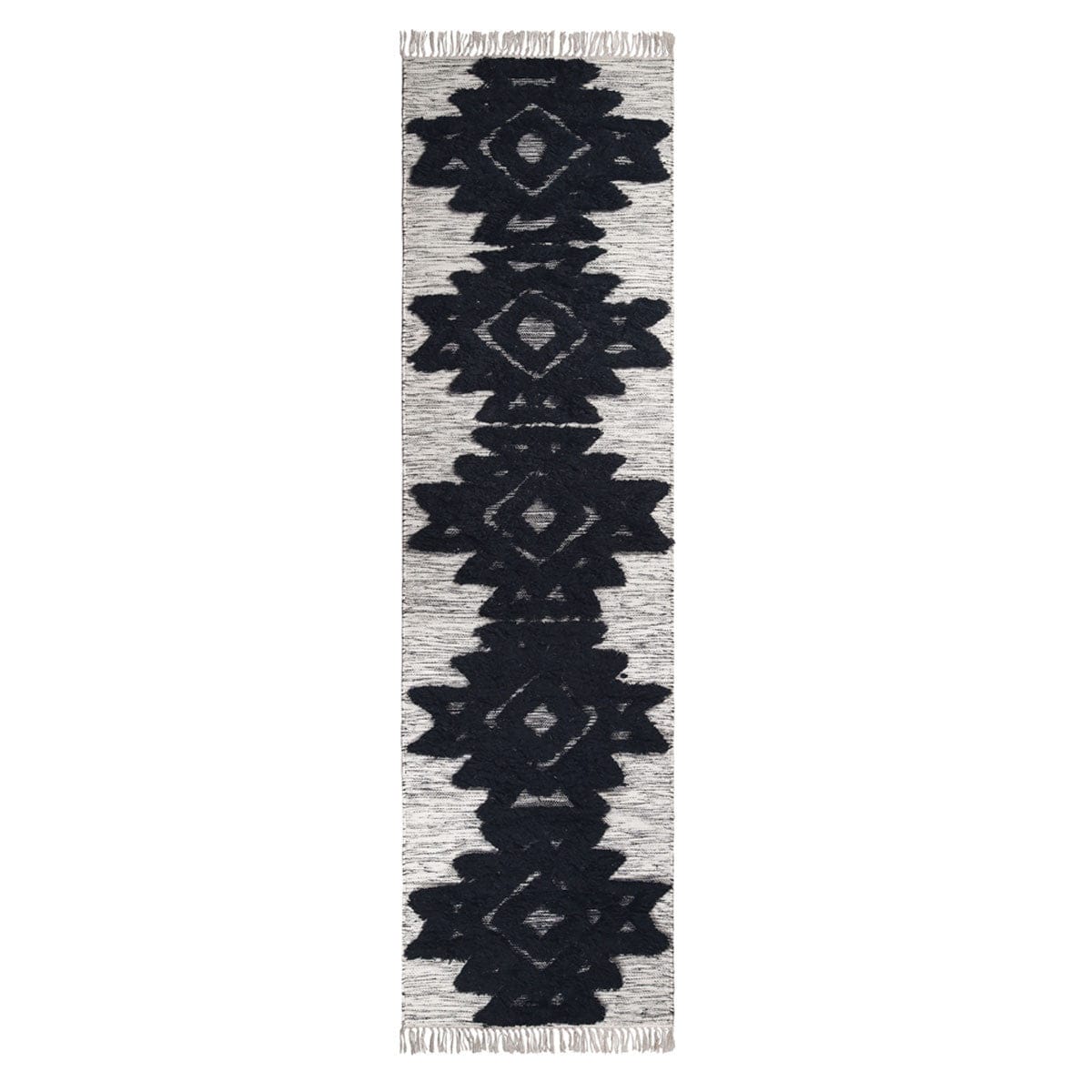 10' Black And Ivory Wool Geometric Flatweave Handmade Stain Resistant Runner Rug With Fringe