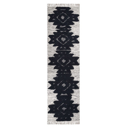 10' Black And Ivory Wool Geometric Flatweave Handmade Stain Resistant Runner Rug With Fringe