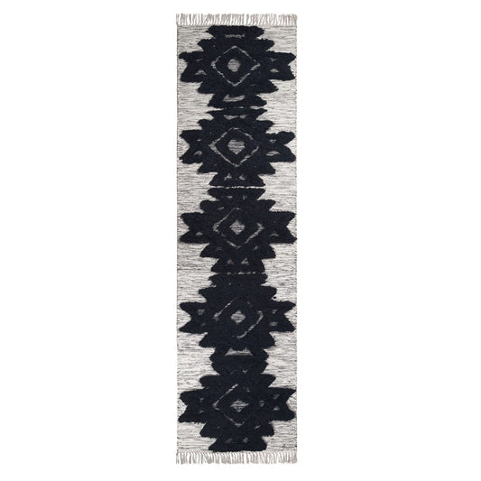 10' Black And Ivory Wool Geometric Flatweave Handmade Stain Resistant Runner Rug With Fringe
