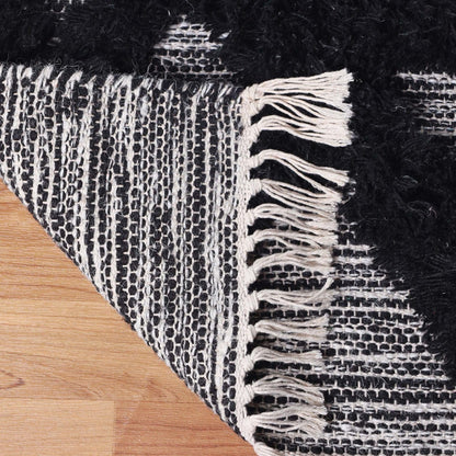 10' Black And Ivory Wool Geometric Flatweave Handmade Stain Resistant Runner Rug With Fringe