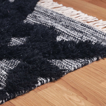 10' Black And Ivory Wool Geometric Flatweave Handmade Stain Resistant Runner Rug With Fringe