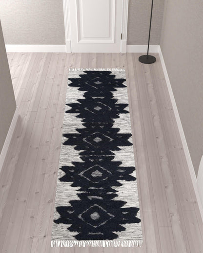 10' Black And Ivory Wool Geometric Flatweave Handmade Stain Resistant Runner Rug With Fringe