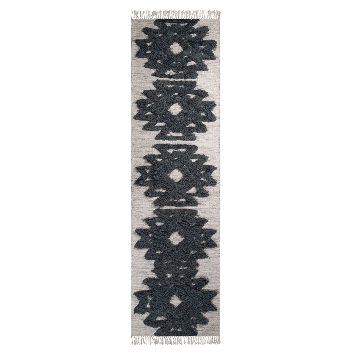 10' Ivory And Charcoal Wool Geometric Flatweave Handmade Stain Resistant Runner Rug With Fringe