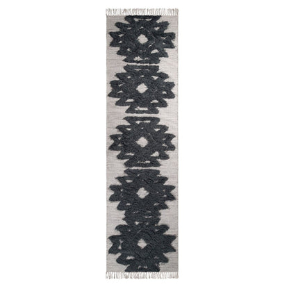 10' Ivory And Charcoal Wool Geometric Flatweave Handmade Stain Resistant Runner Rug With Fringe