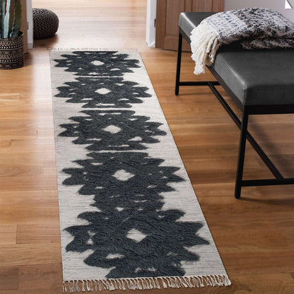 10' Ivory And Charcoal Wool Geometric Flatweave Handmade Stain Resistant Runner Rug With Fringe