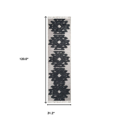 10' Ivory And Charcoal Wool Geometric Flatweave Handmade Stain Resistant Runner Rug With Fringe