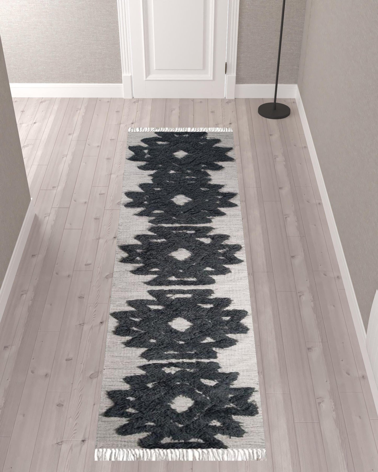 10' Ivory And Charcoal Wool Geometric Flatweave Handmade Stain Resistant Runner Rug With Fringe