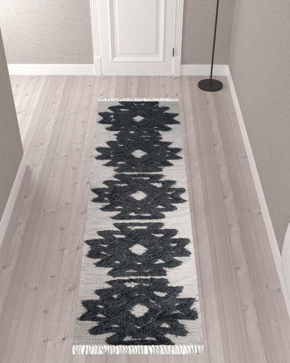 10' Ivory And Charcoal Wool Geometric Flatweave Handmade Stain Resistant Runner Rug With Fringe
