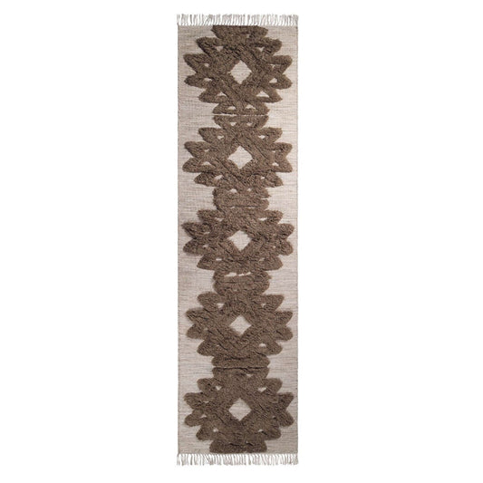 10' Sand And Taupe Wool Geometric Flatweave Handmade Stain Resistant Runner Rug With Fringe