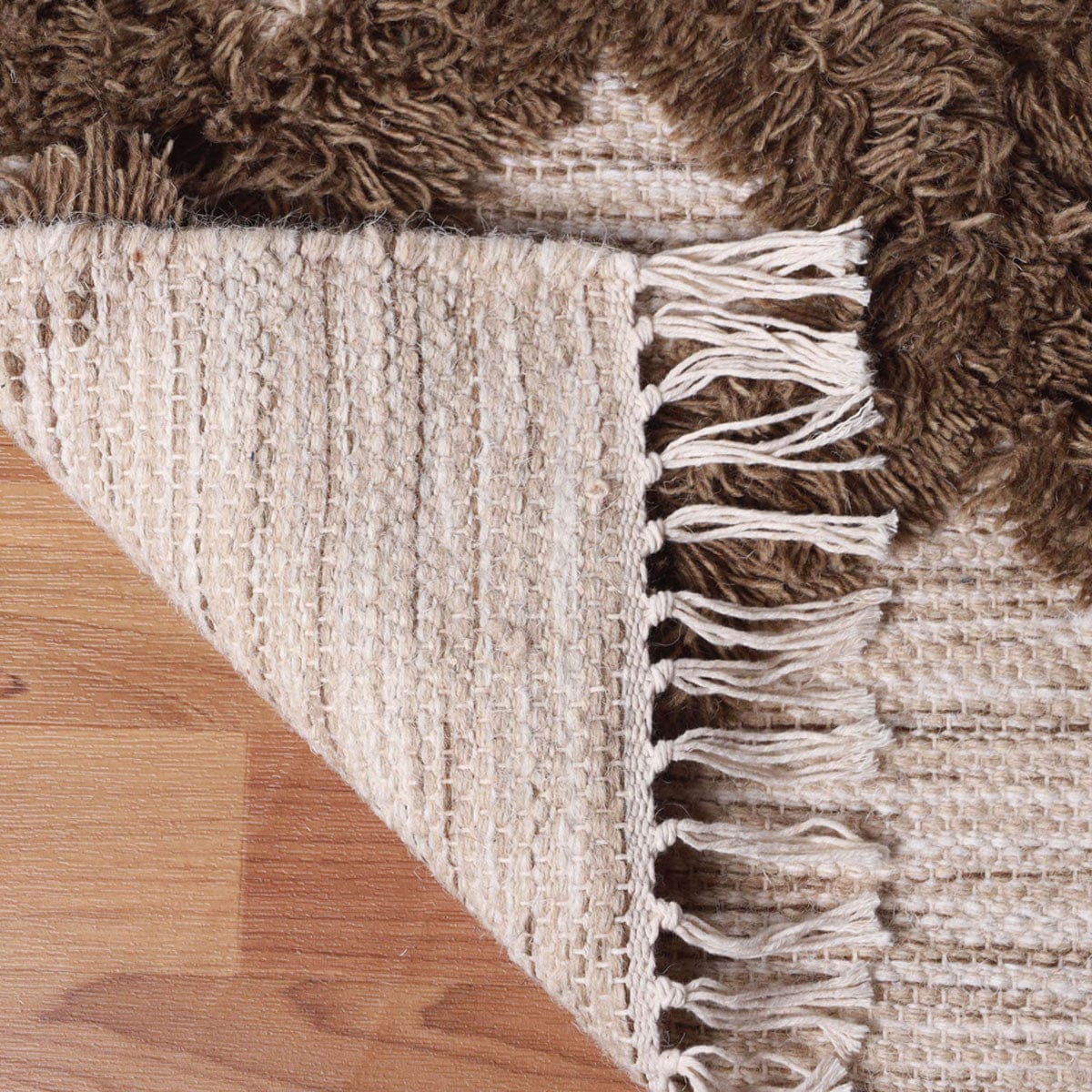 10' Sand And Taupe Wool Geometric Flatweave Handmade Stain Resistant Runner Rug With Fringe